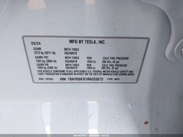 Продажа на аукционе авто 2024 Tesla Model Y Rwd, vin: 7SAYGDED1RA333873, номер лота: 44279137