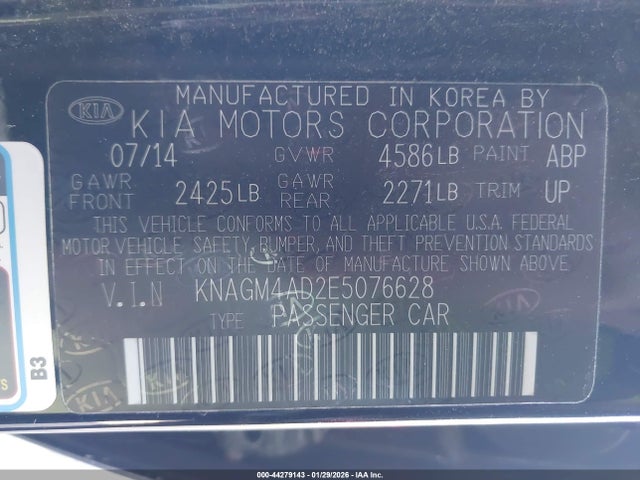 KNAGM4AD2E5076628 KIA Optima Hybrid Lx