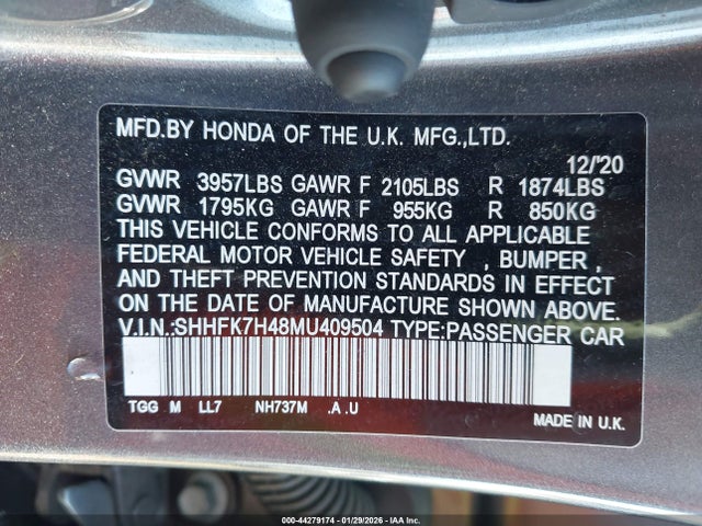SHHFK7H48MU409504 Honda Civic Sport