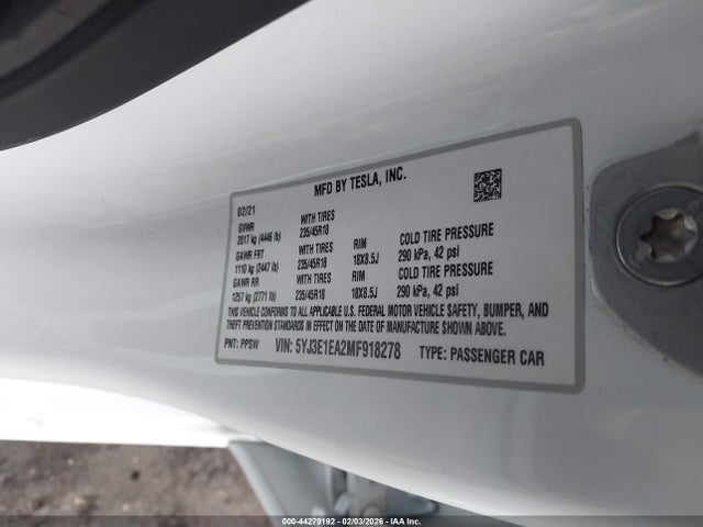 Aukcja sprzedaży 2021 Tesla Model 3 Standard Range Plus Rear-wheel Drive, vin: 5YJ3E1EA2MF918278, numer aukcji: 44279192