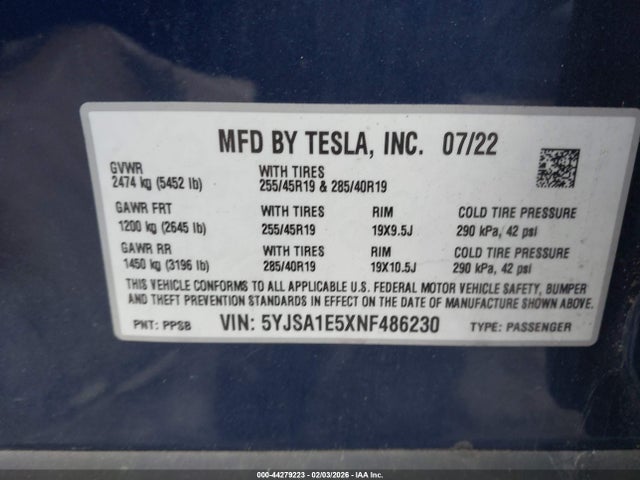 Продаж на аукціоні авто 2022 Tesla Model S Dual Motor All-wheel Drive, vin: 5YJSA1E5XNF486230, номер лоту: 44279223