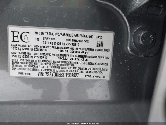 Aukcja sprzedaży 2026 Tesla Model Y Long Range Launch Series/premium All-wheel Drive, vin: 7SAYGDEE3TF337927, numer aukcji: 44279233