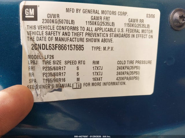 Продажа на аукционе авто 2006 Chevrolet Equinox Lt, vin: 2CNDL63F866157685, номер лота: 44279267