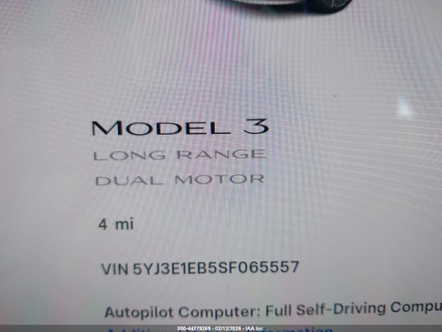 Auction sale of the 2025 Tesla Model 3 Long Range All-wheel Drive, vin: 5YJ3E1EB5SF065557, lot number: 44279269