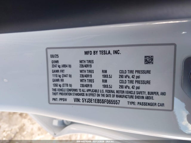 Auction sale of the 2025 Tesla Model 3 Long Range All-wheel Drive, vin: 5YJ3E1EB5SF065557, lot number: 44279269