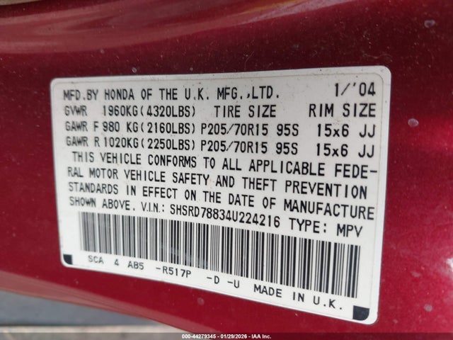 2004 HONDA CR-V SHSRD78834U224216 Photo 8