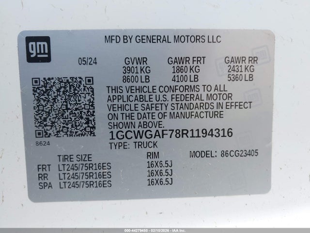 1GCWGAF78R1194316 Chevrolet Express Cargo Rwd 2500 Regular Wheelbase Wt