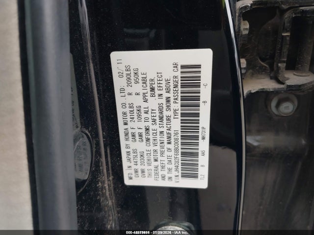 44279481 :رقم المزاد ، JH4CU2F68BC008761 vin ، 2011 Acura Tsx 2.4 مزاد بيع