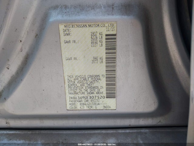 1N4AL3AP9GN307520 Nissan Altima 2.5/2.5 S/2.5 Sl/2.5 Sr/2.5 Sv