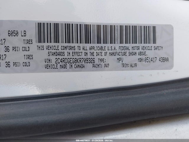 44279531 :رقم المزاد ، 2C4RDGEG8KR709326 vin ، 2019 Dodge Grand Caravan Gt مزاد بيع