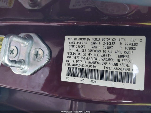 Продаж на аукціоні авто 2012 Acura Tsx 2.4, vin: JH4CW2H67CC002698, номер лоту: 44279533