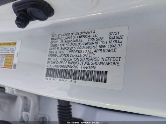 44279718 :رقم المزاد ، 5FNYF5H50MB045509 vin ، 2021 Honda Pilot 2wd Ex-l مزاد بيع