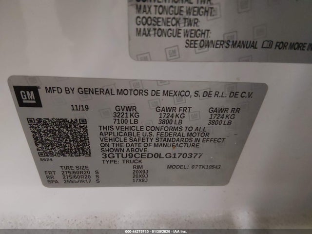 Продаж на аукціоні авто 2020 Gmc Sierra 1500 4wd  Short Box Elevation, vin: 3GTU9CED0LG170377, номер лоту: 44279730