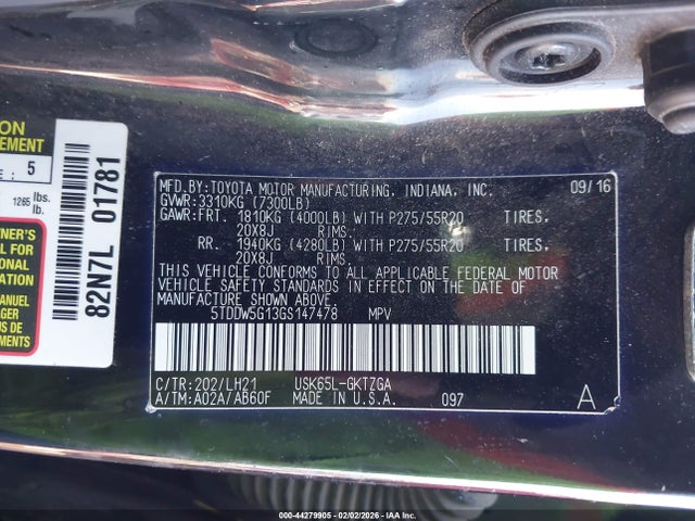 Aukcja sprzedaży 2016 Toyota Sequoia Platinum 5.7l V8, vin: 5TDDW5G13GS147478, numer aukcji: 44279905