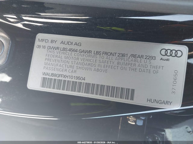 44279930 :رقم المزاد ، WAUB8GFFXH1019504 vin ، 2017 Audi A3 2.0t Premium مزاد بيع