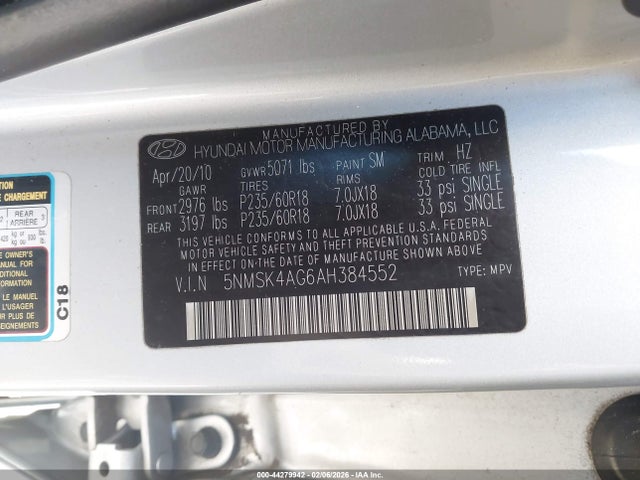 Продажа на аукционе авто 2010 Hyundai Santa Fe Limited V6, vin: 5NMSK4AG6AH384552, номер лота: 44279942