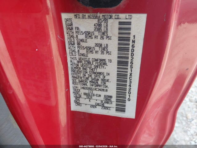 1999 Nissan Frontier Se/xe მანქანა იყიდება აუქციონზე, vin: 1N6DD26S1XC342010, აუქციონის ნომერი: 44279998
