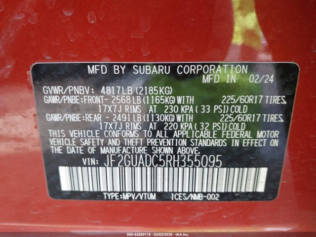 44280119 :رقم المزاد ، JF2GUADC5RH355095 vin ، 2024 Subaru Crosstrek Premium مزاد بيع