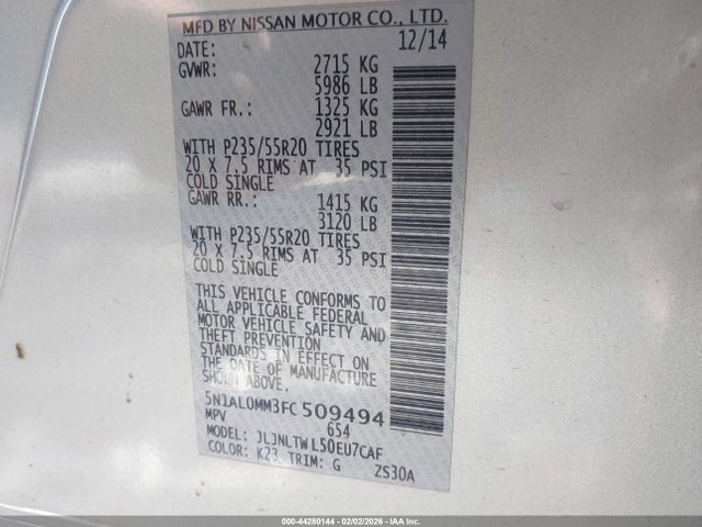 44280144 :رقم المزاد ، 5N1AL0MM3FC509494 vin ، 2015 Infiniti Qx60 مزاد بيع