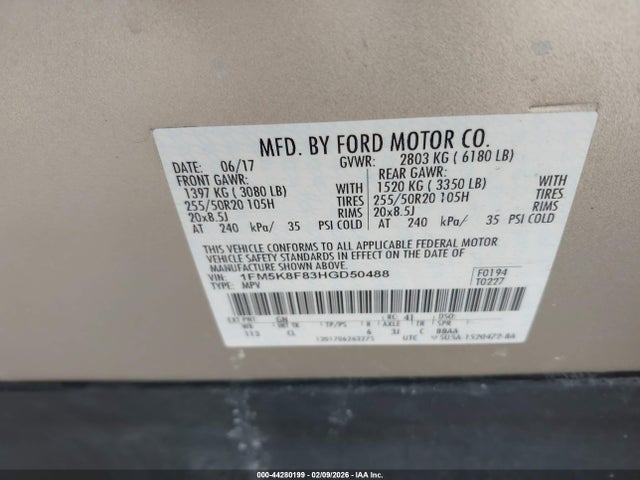 Ford Explorer Limited 2017 1FM5K8F83HGD50488 Image 9