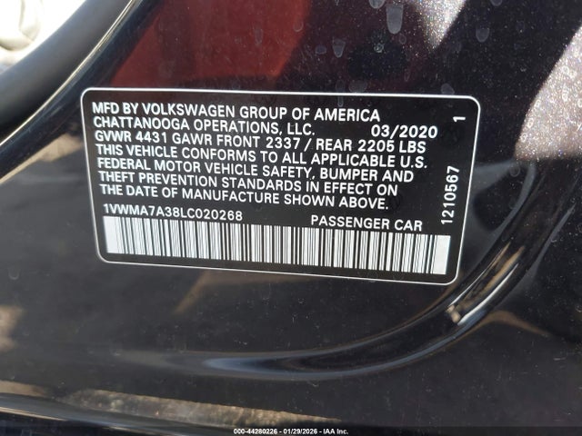 Продаж на аукціоні авто 2020 Volkswagen Passat 2.0t R-line, vin: 1VWMA7A38LC020268, номер лоту: 44280226