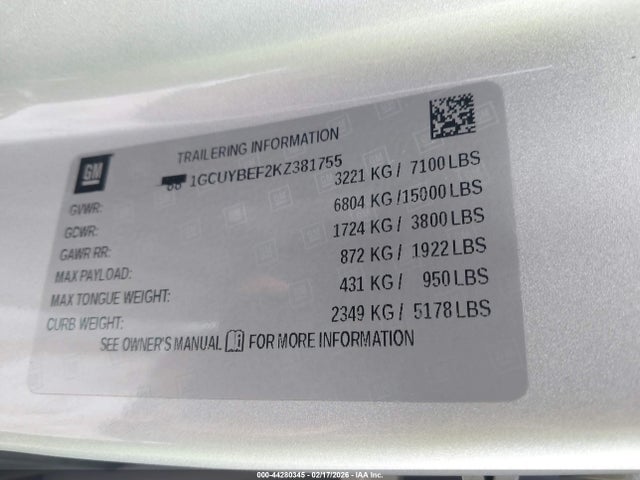 1GCUYBEF2KZ381755 Chevrolet Silverado 1500 Custom