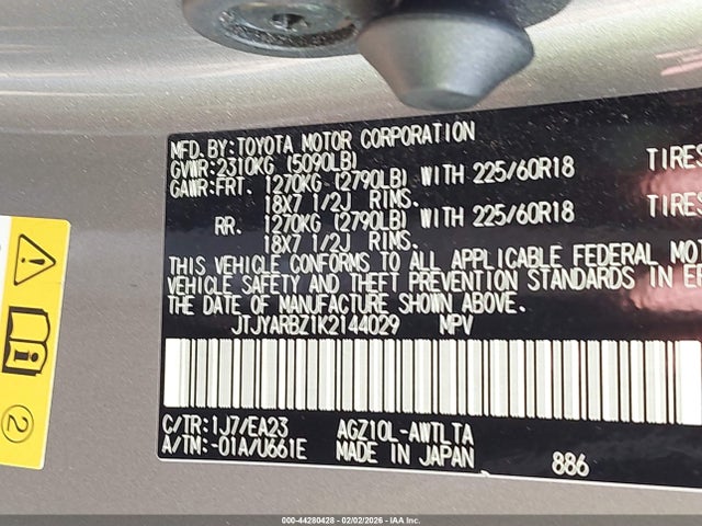 44280428 :رقم المزاد ، JTJYARBZ1K2144029 vin ، 2019 Lexus Nx 300 مزاد بيع