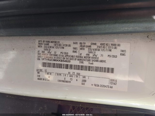 44280455 :رقم المزاد ، 1FTYR2CM6KKB54920 vin ، 2019 Ford Transit-250 مزاد بيع