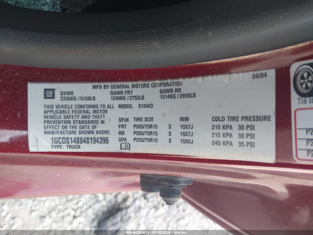 44280471 :رقم المزاد ، 1GCDS148848194396 vin ، 2004 Chevrolet Colorado Ls مزاد بيع