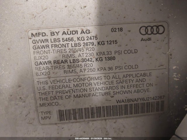 2018 Audi Q5 მანქანა იყიდება აუქციონზე, vin: WA1BNAFY6J2142267, აუქციონის ნომერი: 44280488