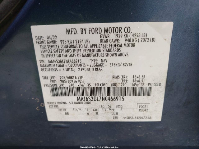 Aukcja sprzedaży 2022 Ford Ecosport Se, vin: MAJ6S3GL7NC466915, numer aukcji: 44280560
