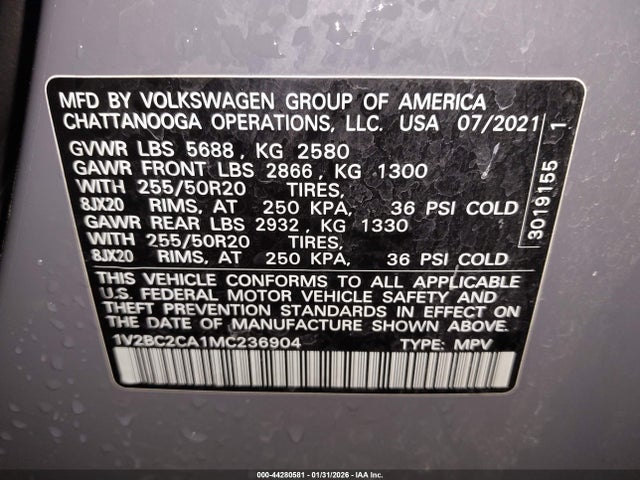 1V2BC2CA1MC236904 Volkswagen Atlas Cross Sport 2.0t Sel