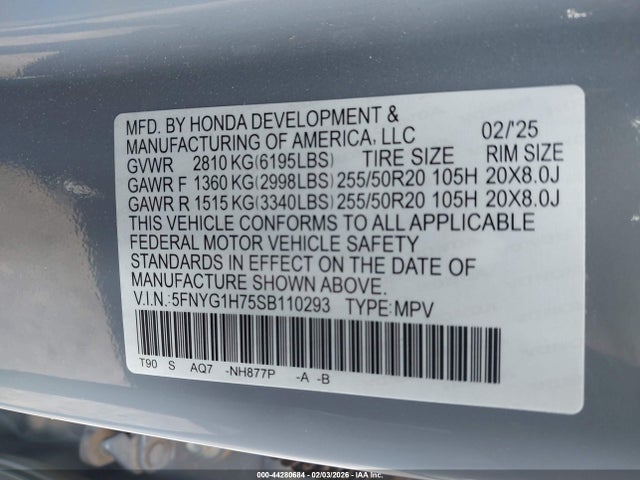 Aukcja sprzedaży 2025 Honda Pilot Touring, vin: 5FNYG1H75SB110293, numer aukcji: 44280684