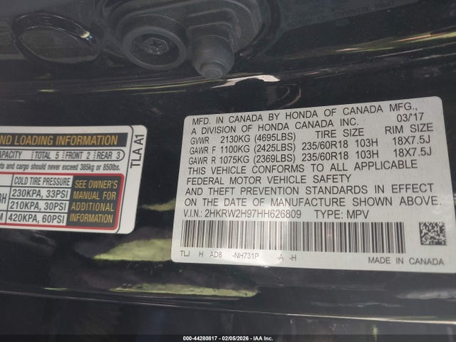 2017 Honda Cr-v Touring მანქანა იყიდება აუქციონზე, vin: 2HKRW2H97HH626809, აუქციონის ნომერი: 44280817