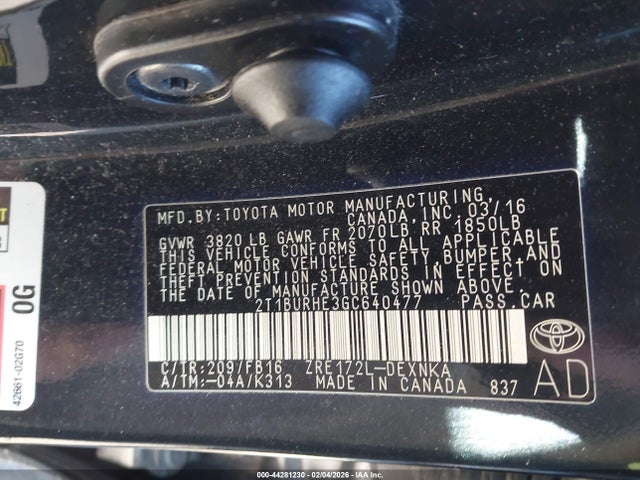 2016 TOYOTA COROLLA 2T1BURHE3GC640477 Photo 8