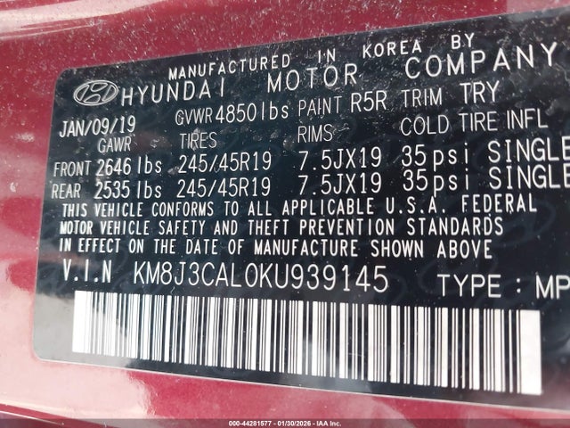 KM8J3CAL0KU939145 Hyundai Tucson Night
