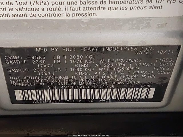 Продаж на аукціоні авто 2012 Subaru Outback 2.5i, vin: 4S4BRCAC8C3213365, номер лоту: 44281607