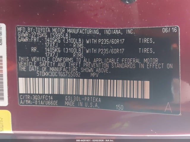 5TDKK3DC1GS755092 Toyota Sienna Le 8 Passenger