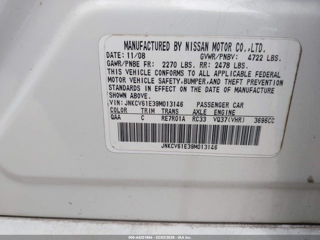 2009 Infiniti G37 Journey მანქანა იყიდება აუქციონზე, vin: JNKCV61E39M013146, აუქციონის ნომერი: 44281664