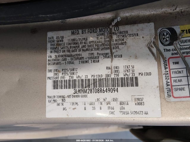2008 LINCOLN MKZ 3LNHM28T08R649094 Photo 8