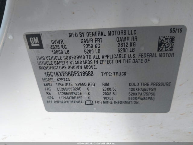 2016 Chevrolet Silverado 2500hd High Country მანქანა იყიდება აუქციონზე, vin: 1GC1KXE86GF218683, აუქციონის ნომერი: 44281739