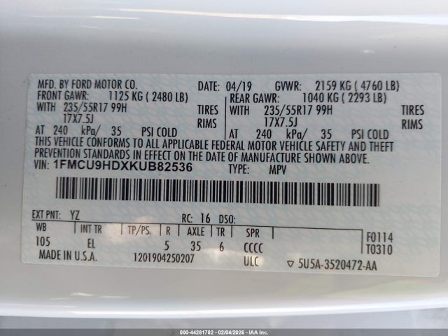 1FMCU9HDXKUB82536 Ford ESCAPE SEL