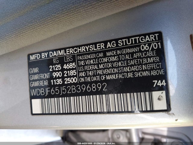 44281808 :رقم المزاد ، WDBJF65J52B396892 vin ، 2002 Mercedes-benz E 320 Special Edition مزاد بيع