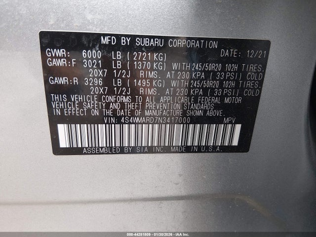 Продаж на аукціоні авто 2022 Subaru Ascent Touring, vin: 4S4WMARD7N3417000, номер лоту: 44281809