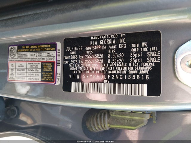 44281915 :رقم المزاد ، 5XYRHDLF3NG138818 vin ، 2022 Kia Sorento X-line Ex مزاد بيع