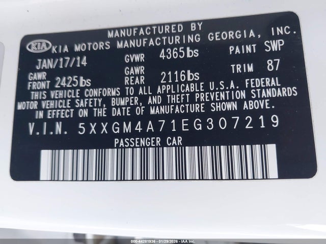 5XXGM4A71EG307219 KIA Optima Lx