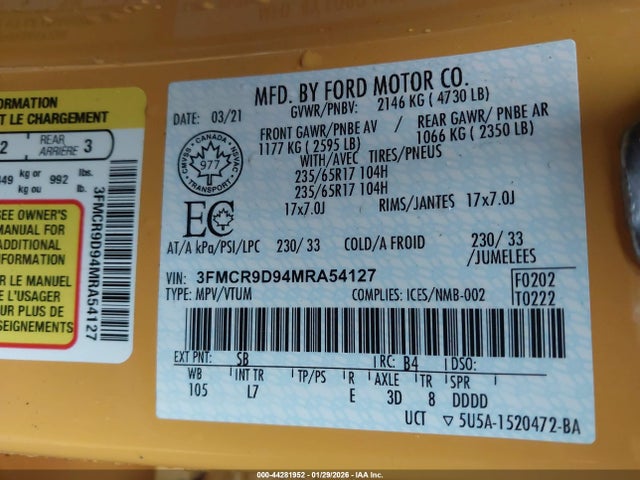 3FMCR9D94MRA54127 Ford Bronco Sport Badlands