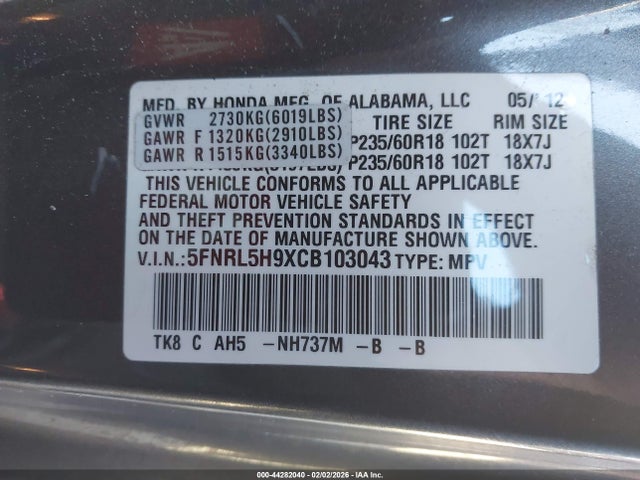 2012 HONDA ODYSSEY 5FNRL5H9XCB103043 Photo 8