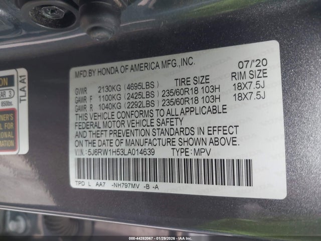5J6RW1H53LA014639 Honda Cr-v 2wd Ex