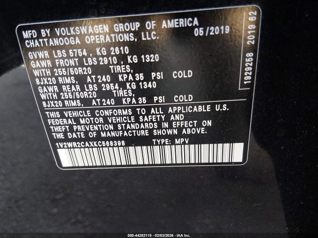 1V2WR2CAXKC568398 Volkswagen Atlas 3.6l V6 Se W/technology